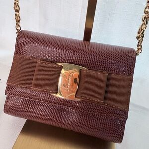 Authentic Salvatore Ferragamo Dark Brown Crossbody Bag with Gold Chain